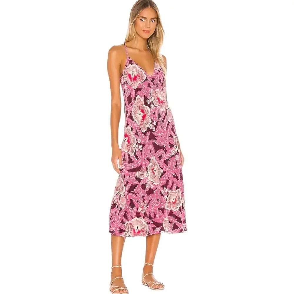 Equipment Allianna Floral Print Silk Dress Small Hawaiian Retro Midi Purple Red - Picture 9 of 9